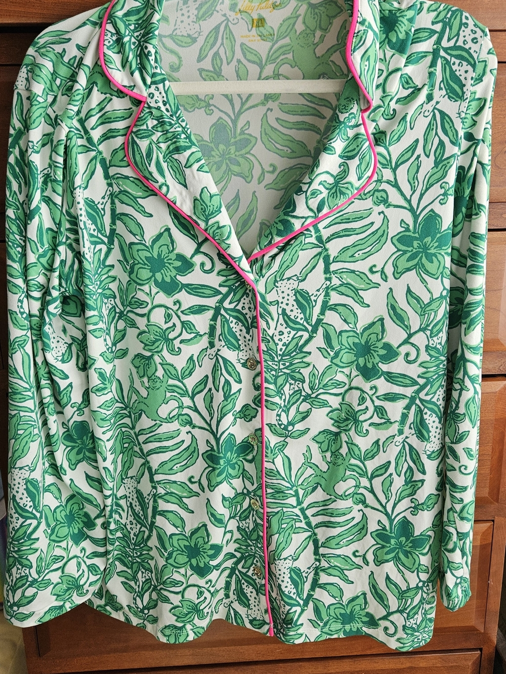 Lilly Pulitzer Green Floral Satin-Style Pajama Set with Pink Piping